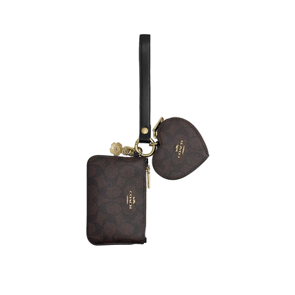 Coach Women's Wristlet And Heart Pouch In Signature Canvas With Charm Gold/Walnut/Black