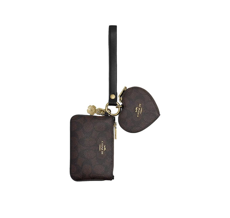 Coach Women's Wristlet And Heart Pouch In Signature Canvas With Charm Gold/Walnut/Black