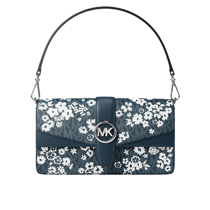 Michael Kors Women's Greenwich Medium Printed Signature Logo Convertible Shoulder Bag Admiral/Silver