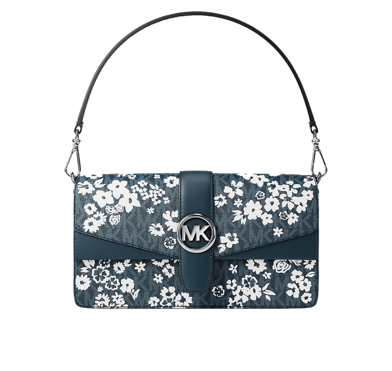 Michael Kors Women's Greenwich Medium Printed Signature Logo Convertible Shoulder Bag Admiral/Silver