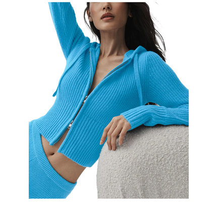 alo Women's Wool Cashmere Ribbed Noble Full Zip Hoodie Azure Blue
