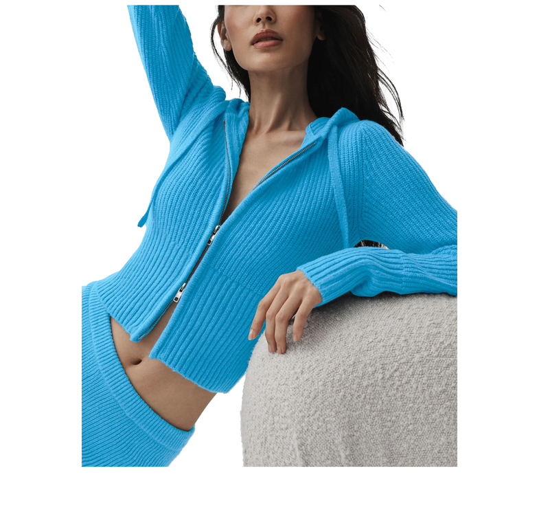 alo Women's Wool Cashmere Ribbed Noble Full Zip Hoodie Azure Blue