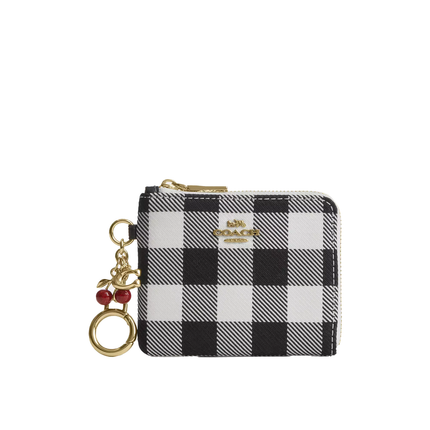 Coach Women's Small Corner Zip Wallet With Gingham Print And Charms Gold/Black Multi
