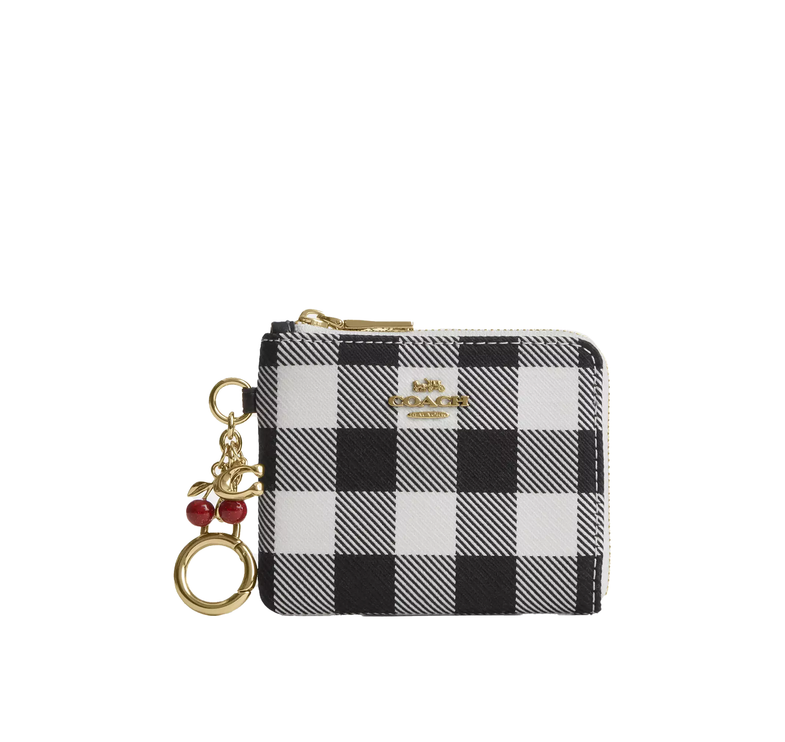 Coach Women's Small Corner Zip Wallet With Gingham Print And Charms Gold/Black Multi