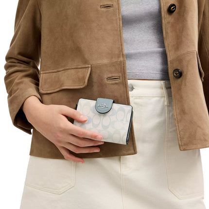 Coach Women's Medium Corner Zip Wallet In Pretty Signature Canvas Silver/Chalk/Blue