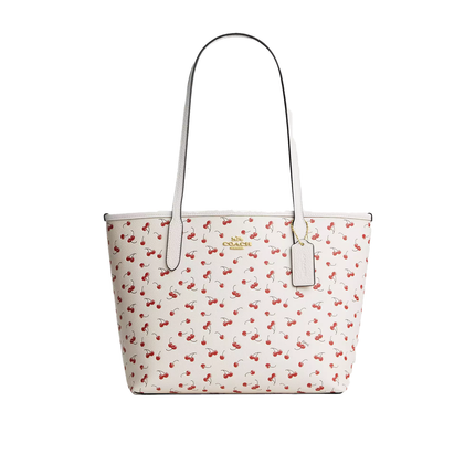 Coach Women's Medium City Tote Bag With Cherry Print Gold/Chalk Multi