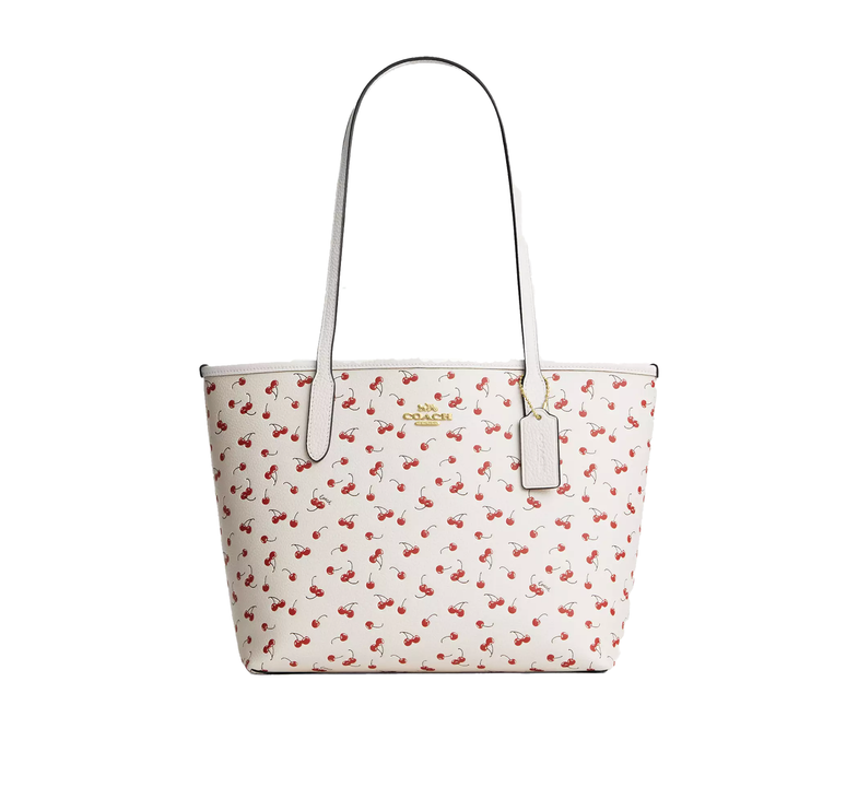 Coach Women's Medium City Tote Bag With Cherry Print Gold/Chalk Multi