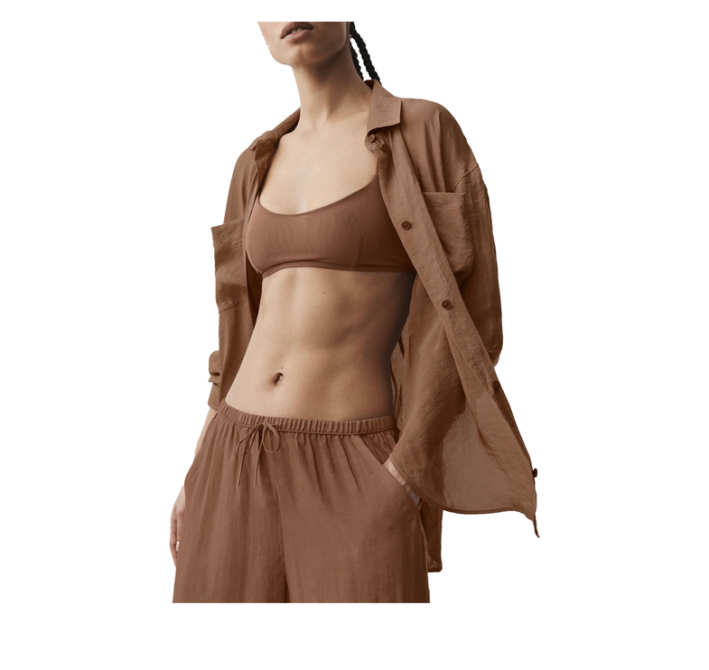alo Women's Semi-Sheer Golden Hour Button Down Long Sleeve Sun Kissed Brown