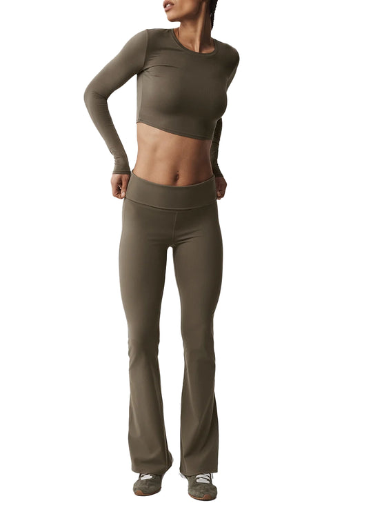 alo Women's Softsculpt Foldover Flare Legging Olive Tree