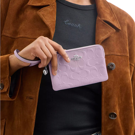 Coach Women's Corner Zip Wristlet In Signature Leather With Heart Charm Silver/Light Violet