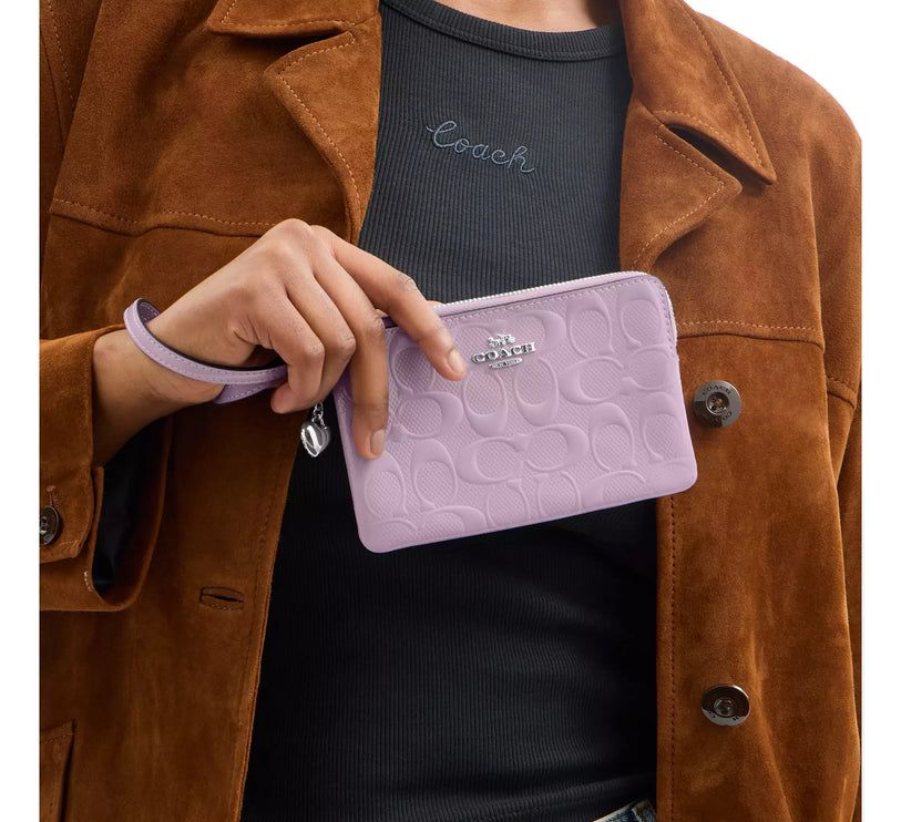 Coach Women's Corner Zip Wristlet In Signature Leather With Heart Charm Silver/Light Violet