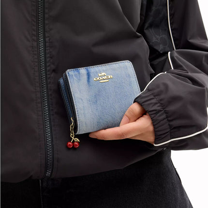 Coach Women's Snap Wallet In Loved Denim With Charm Gold/Light Indigo