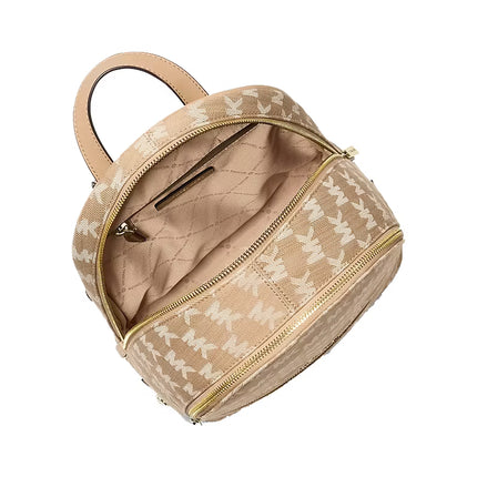 Michael Kors Women's Rhea Medium Logo Jacquard Denim Backpack Camel/Gold