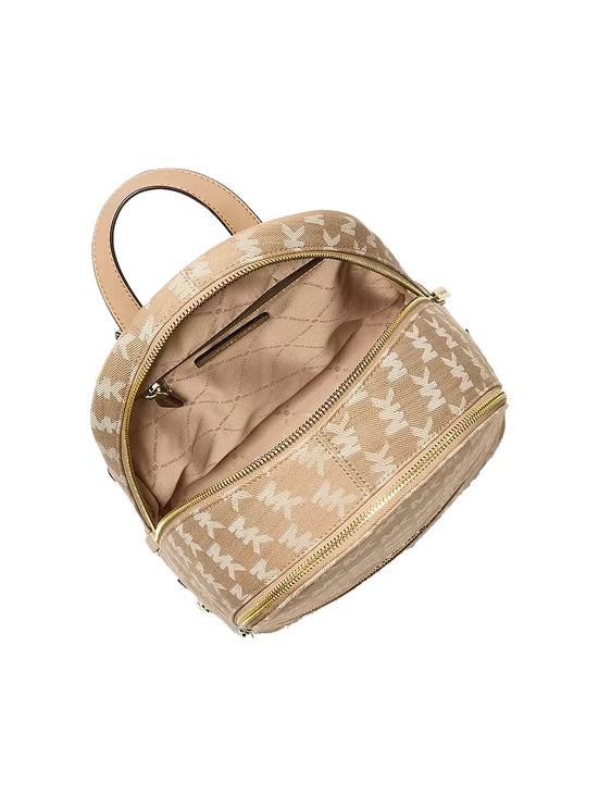 Michael Kors Women's Rhea Medium Logo Jacquard Denim Backpack Camel/Gold