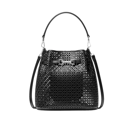 Michael Kors Women's Carson Small Floral Laser Cut Bucket Crossbody Bag Black/Silver