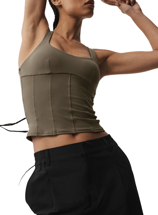 alo Women's Airbrush Sparks Fly Corset Tank Olive Tree