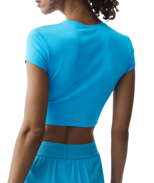 alo Women's Alosoft Crop Finesse Short Sleeve Azure Blue