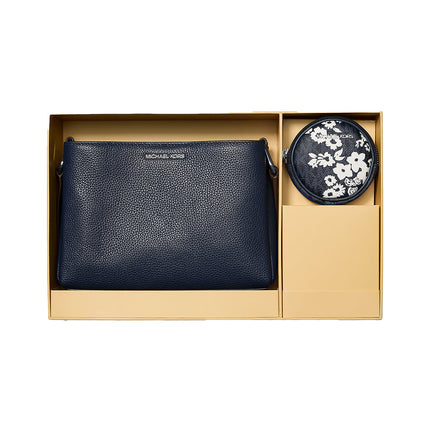 Michael Kors Women's Trisha Pebbled Leather Crossbody Bag With Printed Signature Logo Pouch Navy/Silver