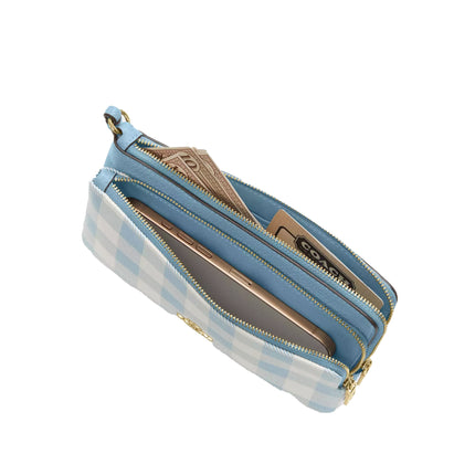 Coach Women's Double Zip Wristlet With Gingham Print Gold/Blue Multi