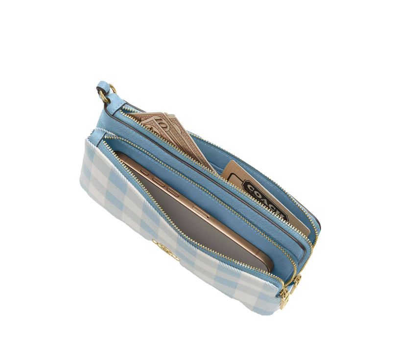 Coach Women's Double Zip Wristlet With Gingham Print Gold/Blue Multi