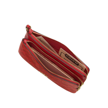 Coach Women's Double Zip Wallet In Signature Canvas Gold/Crimson
