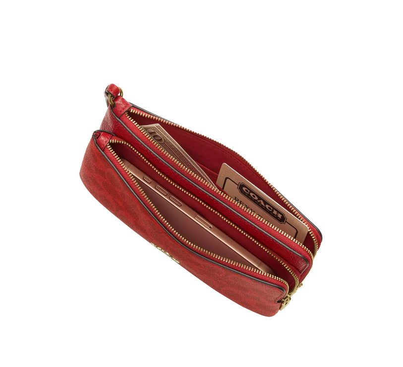 Coach Women's Double Zip Wallet In Signature Canvas Gold/Crimson