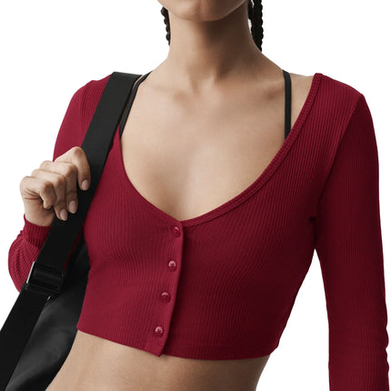 alo Women's Ribbed Cropped Whisper Cardigan Summer Romance Red