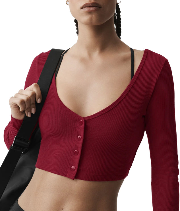 alo Women's Ribbed Cropped Whisper Cardigan Summer Romance Red