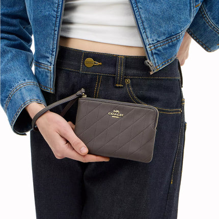 Coach Women's Corner Zip Wristlet With Quilting Gold/Slate