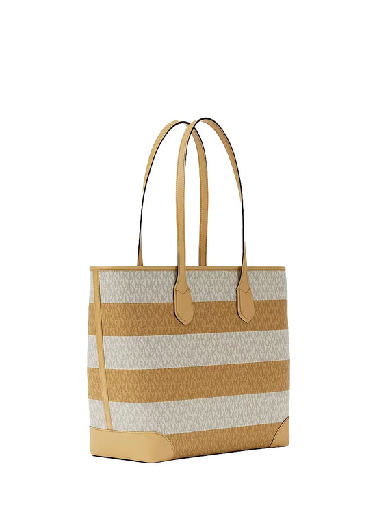 Michael Kors Women's Eva Large Striped Signature Logo Tote Bag Honeywheat/Gold