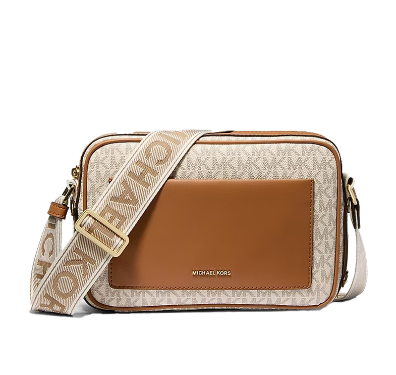 Michael Kors Women's Maeve Large Signature Logo Crossbody Bag Vanilla/Acorn/Gold