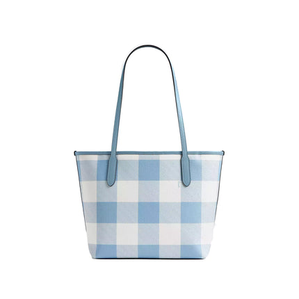 Coach Women's Medium City Tote Bag With Gingham Print And Charm Gold/Blue Multi