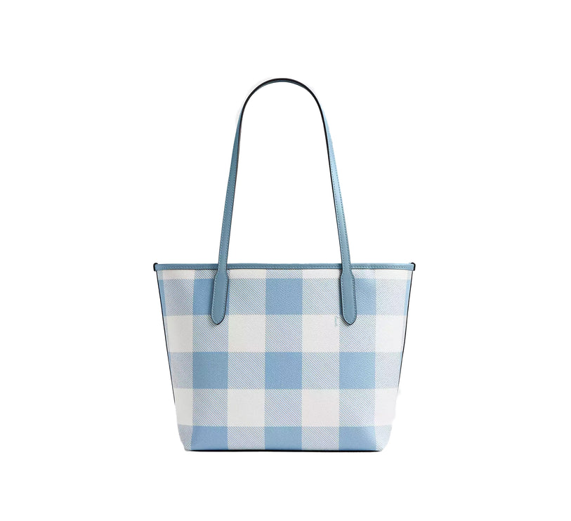 Coach Women's Medium City Tote Bag With Gingham Print And Charm Gold/Blue Multi