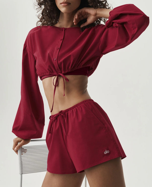 alo Women's Cotton Cropped Real Deal Long Sleeve Summer Romance Red