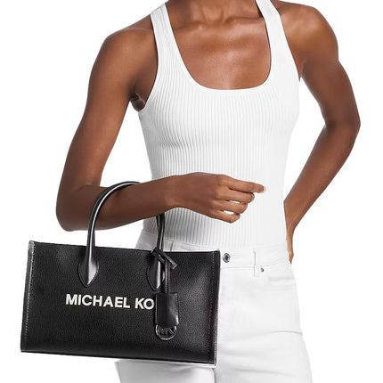 Michael Kors Women's Mirella Medium Pebbled Leather Satchel Bag Black/Silver