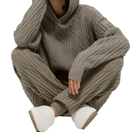 alo Women's Cable Knit Winter Bliss Hoodie Light Cocoa