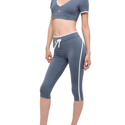 alo Women's Airbrush High-Waist Race Pace Capri Bluestone/White