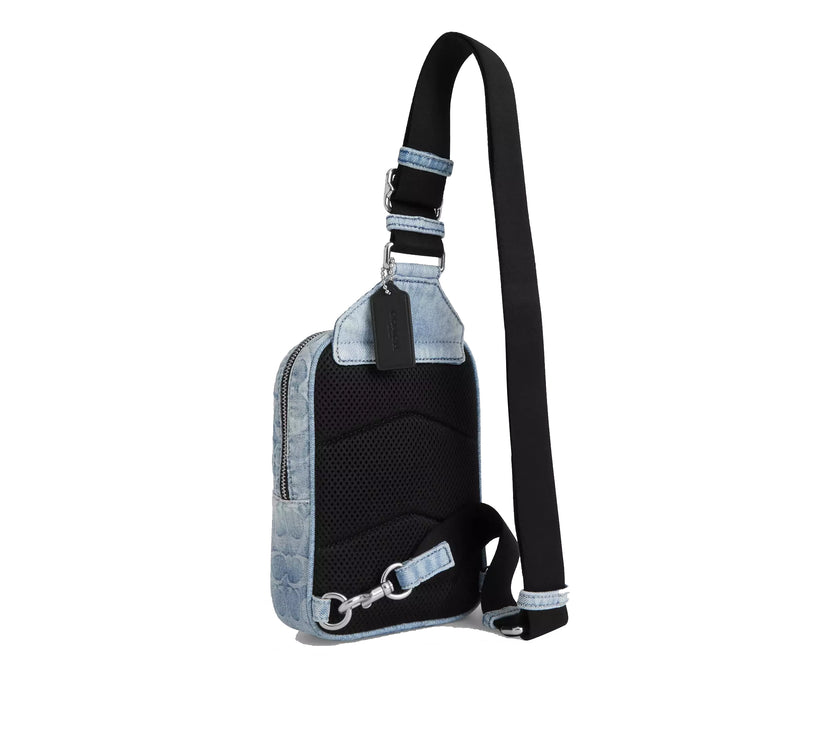 Coach Unisex Racer Sling Pack In Loved Signature Denim Silver/Light Indigo
