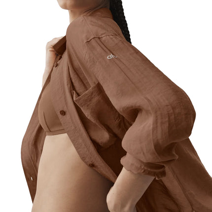 alo Women's Semi-Sheer Golden Hour Button Down Long Sleeve Sun Kissed Brown