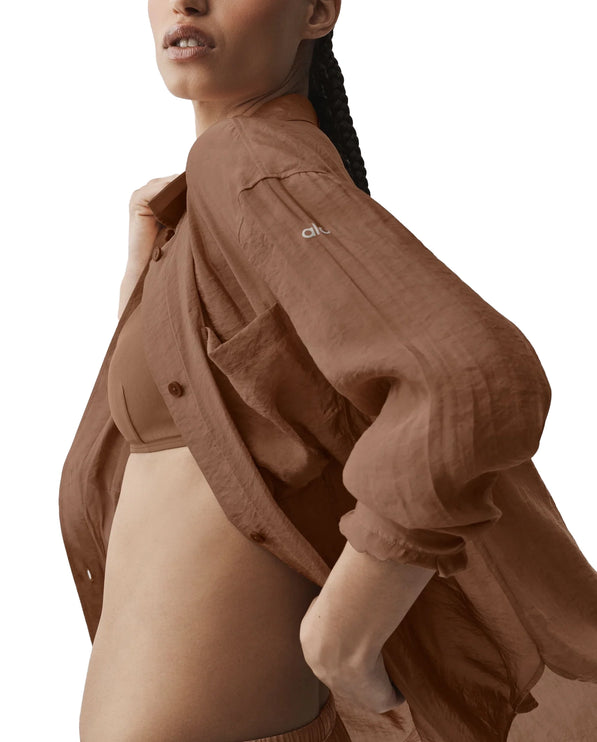 alo Women's Semi-Sheer Golden Hour Button Down Long Sleeve Sun Kissed Brown