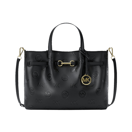 Michael Kors Women's Carson Medium Logo Debossed Satchel Bag Black/Gold