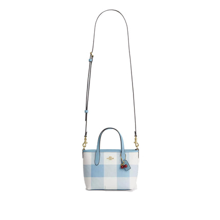 Coach Women's City Mini Tote Bag With Gingham Print And Charm Gold/Blue Multi
