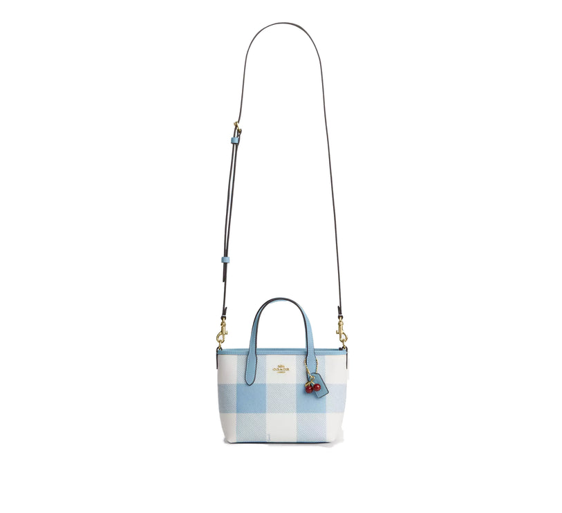 Coach Women's City Mini Tote Bag With Gingham Print And Charm Gold/Blue Multi