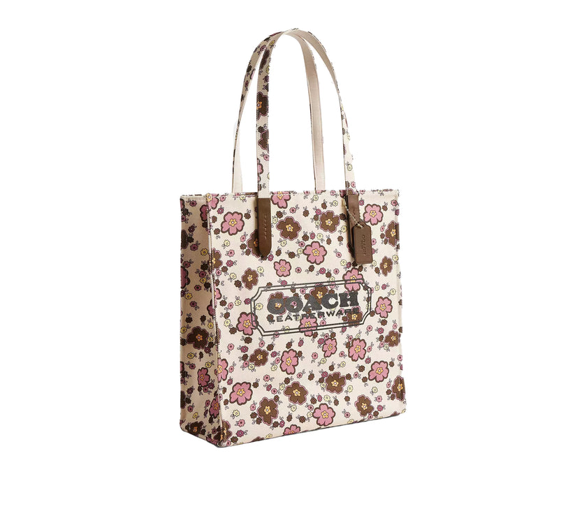Coach Women's Canvas Tote Bag With Floral Print Gold/Chestnut Tropical Floral
