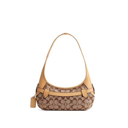Coach Women's Belted Ergo Shoulder Bag 26 In Signature Jacquard Brass/Khaki Light Peach