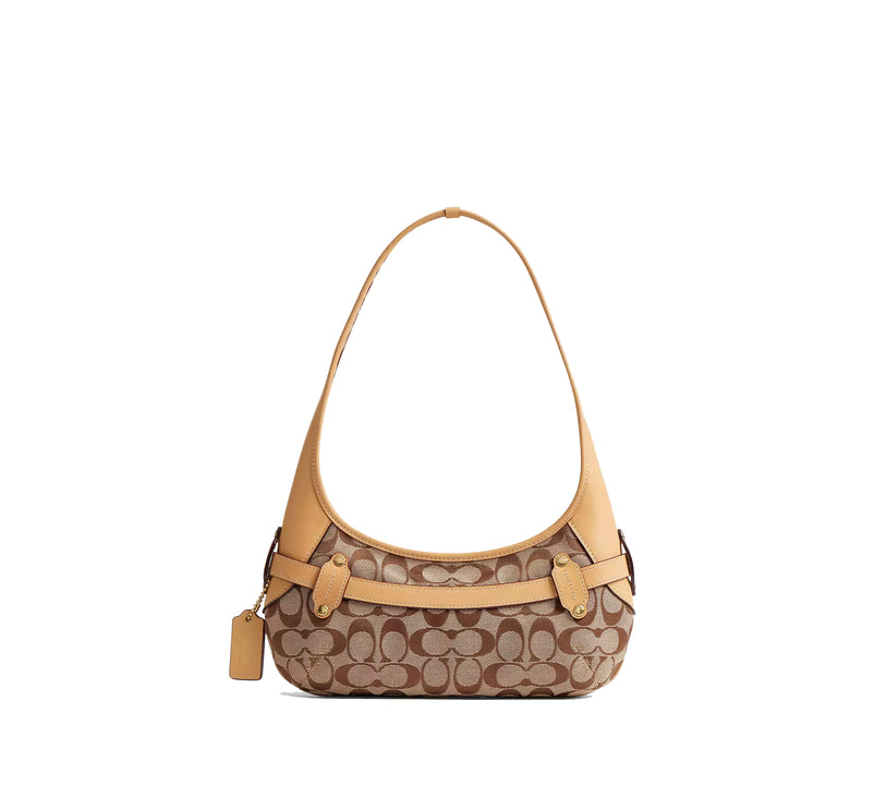 Coach Women's Belted Ergo Shoulder Bag 26 In Signature Jacquard Brass/Khaki Light Peach