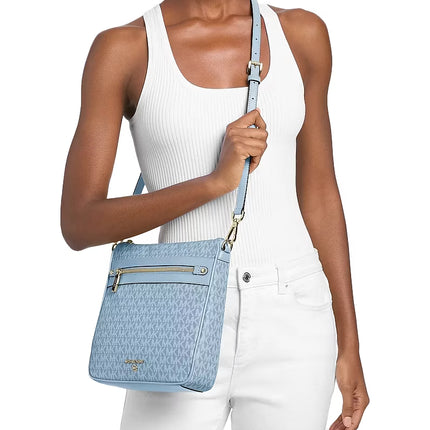 Michael Kors Women's Jet Set Large Signature Logo Printed Crossbody Bag Chambray/Gold