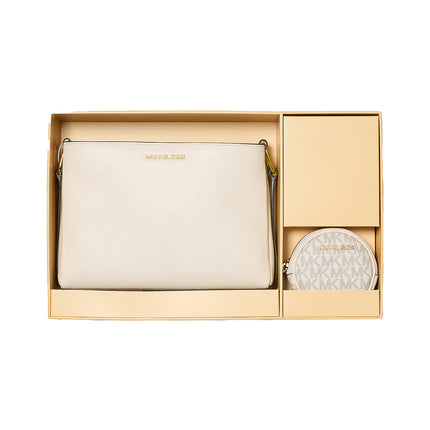Michael Kors Women's Trisha Pebbled Leather Crossbody Bag With Pouch Gift Set Light Cream/Gold