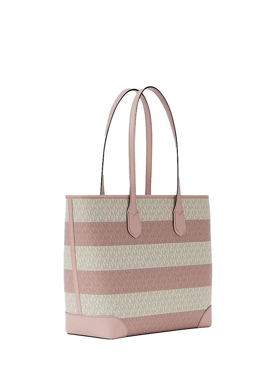 Michael Kors Women's Eva Large Striped Signature Logo Tote Bag Powder Blush/Gold