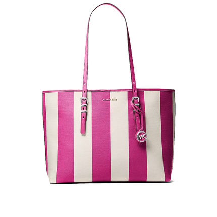 Michael Kors Women's Quinn Large Striped Canvas Tote Bag Raspberry/Silver
